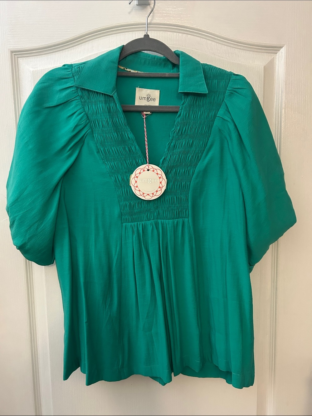Umgee Teal Green V-Neck Smocked Peasant Blouse
